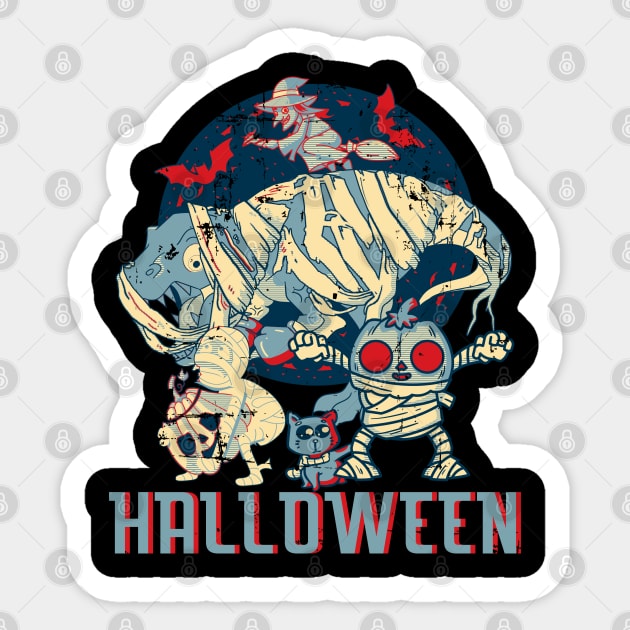 Retro Dinosaur Mummy Pumpkin Cat Witch Halloween Crew Party Sticker by alcoshirts